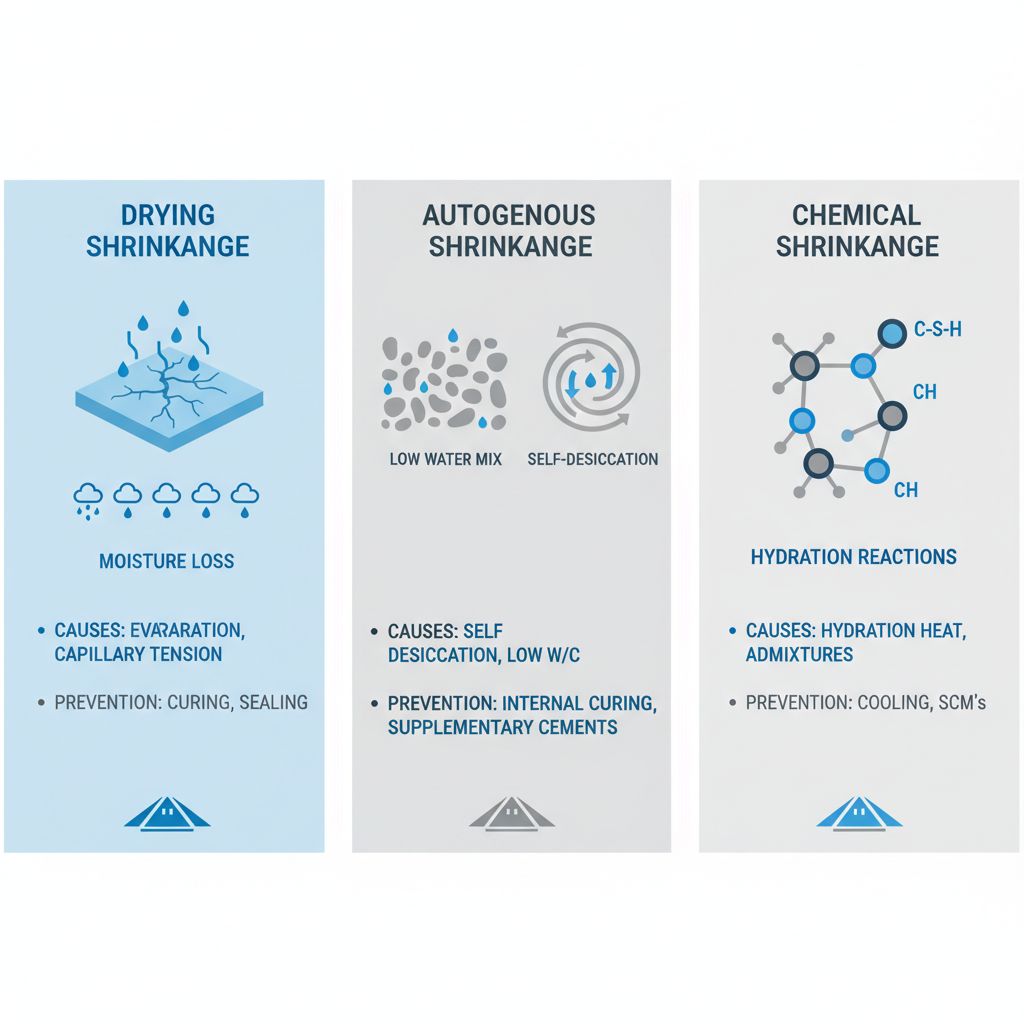 Infographic depicting three types of concrete shrinkage: drying, autogenous, and chemical, with causes, prevention, and roofing applications.