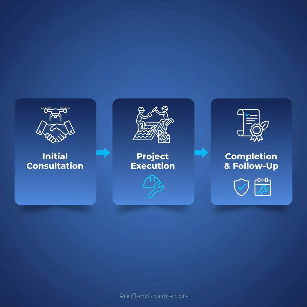 Horizontal process flow diagram illustrating the three stages of working with Roofland roofing contractors: consultation, execution, and completion.