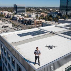 Aerial view of a commercial building in Culver City with a technician performing drone roof inspection