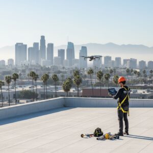 Aerial view of a Roofland technician conducting drone inspection on a modern commercial flat roof in downtown Los Angeles, with city skyline and palm trees in the background