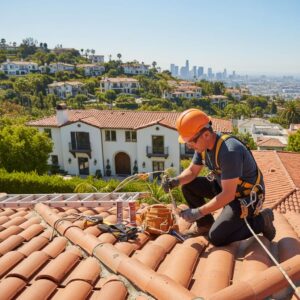 Skilled roofer in safety gear inspecting a luxurious tile roof on a Beverly Hills hillside home, with tools and scenic backdrop.