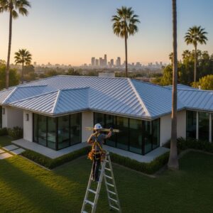 Professional wide-angle photograph of modern Los Angeles home featuring silver metal roof and contractor inspection, with palm trees and city skyline background