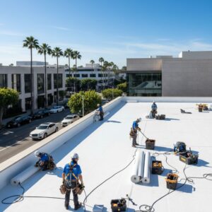 Professional roofers installing white TPO membrane on a modern commercial building in Beverly Hills, surrounded by urban luxury.