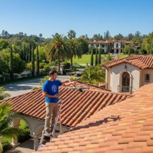 Professional roofer inspecting luxurious Beverly Hills home roof with drone and tools under sunny sky