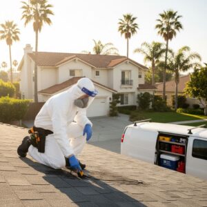 Certified mold inspector in protective gear examining residential roof for water damage and mold in sunny Los Angeles neighborhood using detection tools.