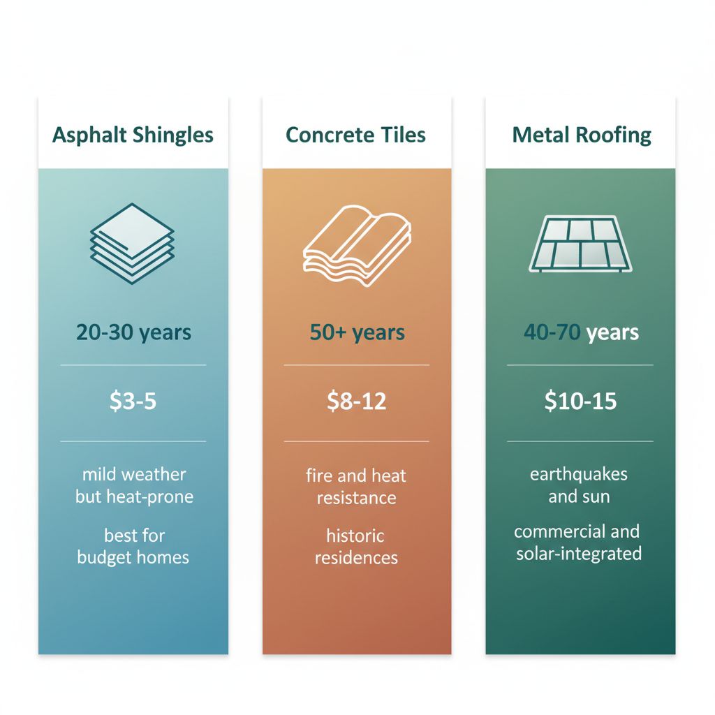 Infographic comparing asphalt shingles, concrete tiles, and metal roofing materials for Beverly Hills, showing durability, cost, climate suitability, and best uses.