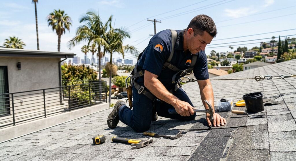 Professional roofer in safety gear repairing residential roof on Los Angeles home under sunny skies