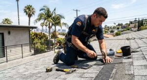Professional roofer in safety gear repairing residential roof on Los Angeles home under sunny skies