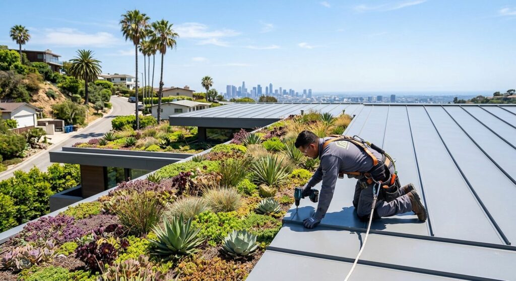 Professional photo of roofing technician installing eco-friendly green and metal roof on modern Los Angeles hillside home with palm trees and city skyline.