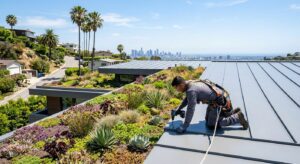 Professional photo of roofing technician installing eco-friendly green and metal roof on modern Los Angeles hillside home with palm trees and city skyline.