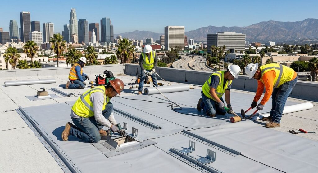 Expert Roofland roofing team installing solar-ready TPO membrane on Los Angeles commercial building under sunny skies