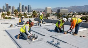 Expert Roofland roofing team installing solar-ready TPO membrane on Los Angeles commercial building under sunny skies