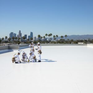 Professional photo of commercial building featuring new white TPO roof installation in Los Angeles, with roofers inspecting seams against city skyline.
