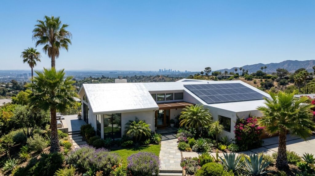 Wide-angle view of modern Southern California home with reflective white cool roof, solar panels, palm trees, and city hills under sunny skies.