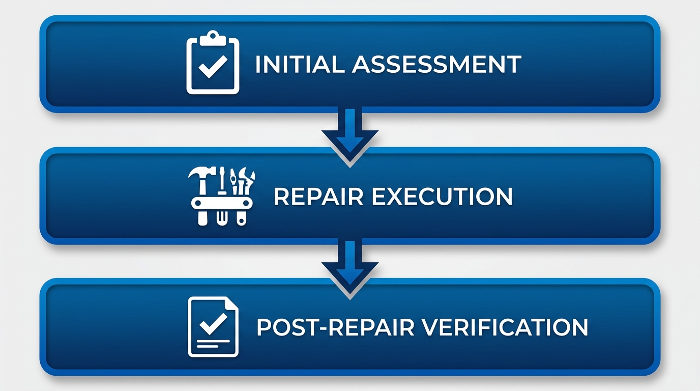 Diagram of three-stage residential roof repair process: assessment, execution, and verification with icons and arrows
