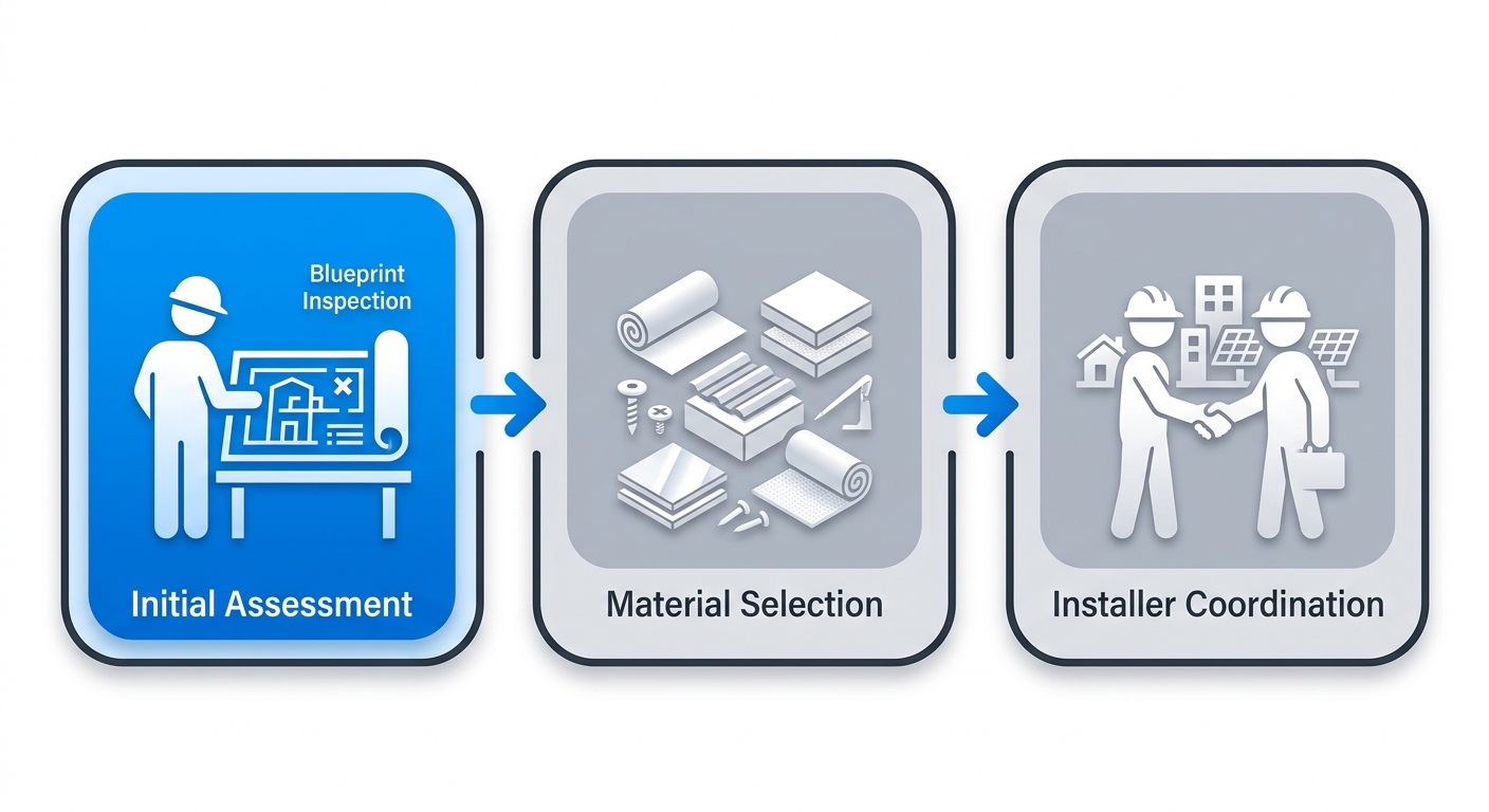 Horizontal process flow diagram illustrating three steps for preparing commercial roofs for solar panels: initial assessment, material selection, and installer coordination